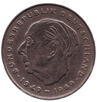 Монета 2 марки. 1973 год (D), ФРГ. Теодор Хойс. Монета 2 марки. 1973 год (D), ФРГ. Теодор Хойс.