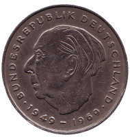 Теодор Хойс. Монета 2 марки. 1973 год (D), ФРГ. 