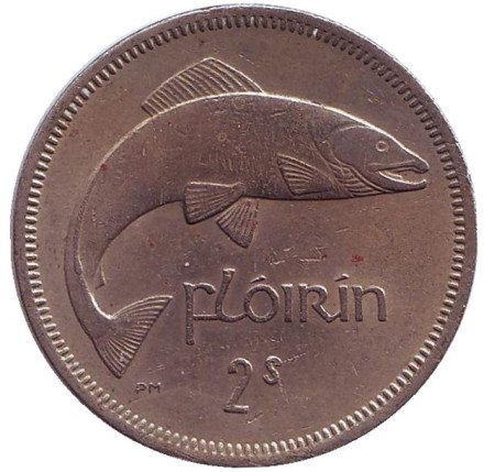 Монета 2 шиллинга (1 флорин). 1964 год, Ирландия. Лосось.