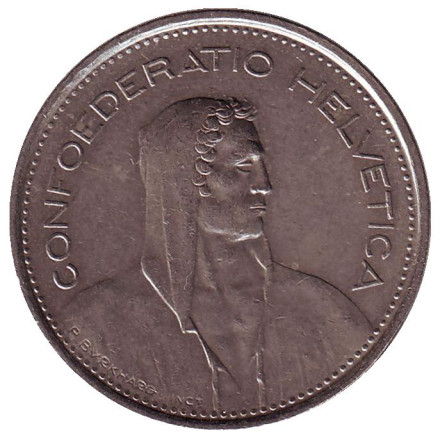 Монета 5 франков. 1974 год, Швейцария. Вильгельм Телль.