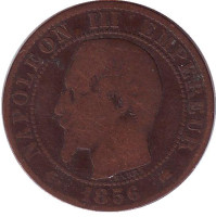 Наполеон III. Монета 5 сантимов. 1856 год (K), Франция.
