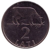 Корова. Монета 2 лата, 1992 год, Латвия. UNC.