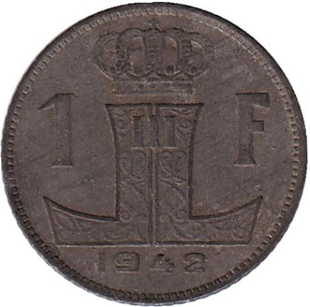 Монета 1 франк. 1942 год, Бельгия. (Belgie-Belgique)
