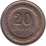 Монета 20 сентаво. 1969 год, Колумбия. Старый тип. Монета 20 сентаво. 1969 год, Колумбия. Старый тип.