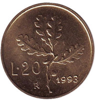 Монета 20 лир. 1993 год, Италия. Дубовая ветвь. Монета 20 лир. 1993 год, Италия. Дубовая ветвь.