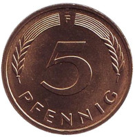 Дубовые листья. Монета 5 пфеннигов. 1979 год (F), ФРГ. UNC.