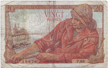 Банкнота 20 франков. 1943 год, Франция. Рыбак.