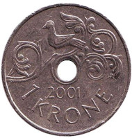Монета 1 крона. 2001 год, Норвегия. Без звезды. Птица на виноградной лозе. Монета 1 крона. 2001 год, Норвегия. Без звезды. Птица на виноградной лозе.