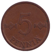 Монета 5 пенни. 1968 год, Финляндия. 