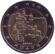 Монета 2 евро, 2012 год, Германия. Монетный двор F. Замок Нойшванштайн в Баварии. Монета 2 евро, 2012 год, Германия. Монетный двор F. Замок Нойшванштайн в Баварии.