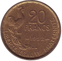 Монета 20 франков. 1952 год, Франция. "G. Guiraud", 4 пера.