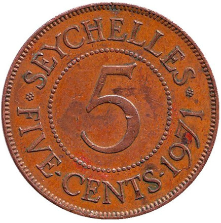 Монета 5 центов. 1971 год, Сейшельские острова.