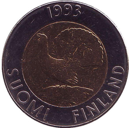 Монета 10 марок. 1993 год, Финляндия. UNC. Глухарь.
