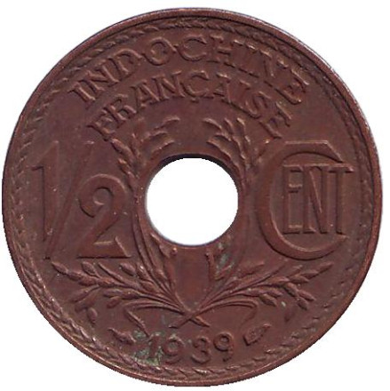 Монета 1/2 цента. 1939 год, Французский Индокитай.