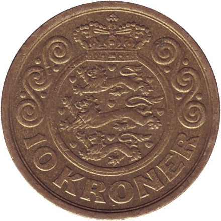 Монета 10 крон. 1998 год, Дания.