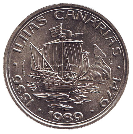 Монета 100 эскудо. 1989 год, Португалия. Открытие Канарских островов.