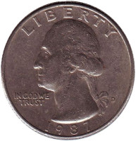 Вашингтон. Монета 25 центов. 1987 (D) год, США.