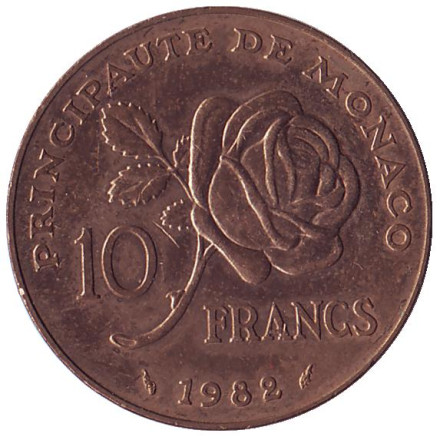 Монета 10 франков, 1982 год, Монако. Гибель Грейс Келли.
