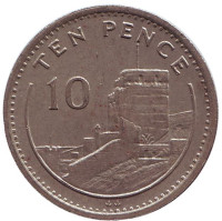 Мавританский замок. Монета 10 пенсов. 1991 год (AA), Гибралтар.