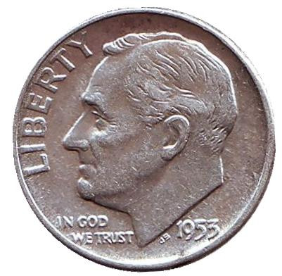 Монета 10 центов. 1953 год, США. Без обозначения монетного двора. Рузвельт.