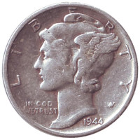 Меркурий. Монета 10 центов. 1944 год, США. Без обозначения монетного двора.