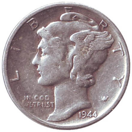 Монета 10 центов. 1944 год, США. Без обозначения монетного двора. Меркурий.