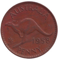 Кенгуру. Монета 1 пенни. 1958 год, Австралия. (Точка после "PENNY")