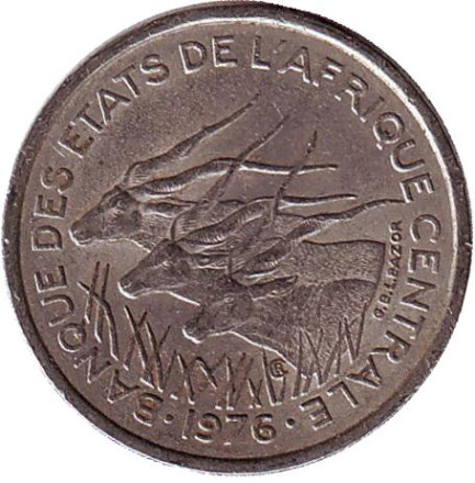Монета 50 франков. 1976 год (E - Камерун), Центральные Африканские штаты. Африканские антилопы.