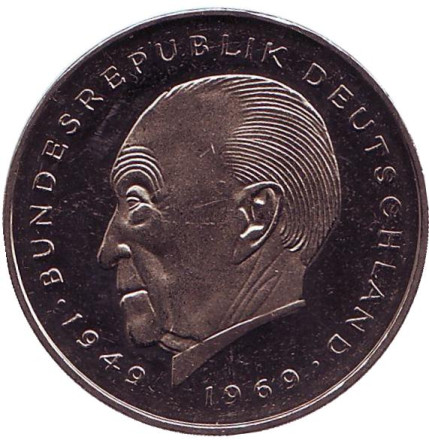 Монета 2 марки. 1984 год (F), ФРГ. UNC. Конрад Аденауэр.