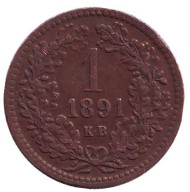 Монета 1 крейцер. 1891 год, Австро-Венгерская империя. Венгерский тип. Монета 1 крейцер. 1891 год, Австро-Венгерская империя. Венгерский тип.