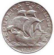 Монета 2,5 эскудо. 1947 год, Португалия. Парусник. Монета 2,5 эскудо. 1947 год, Португалия. Парусник.