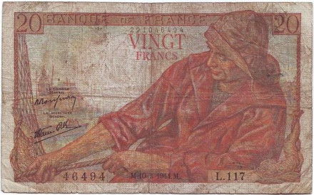Банкнота 20 франков. 1944 год, Франция. Рыбак.