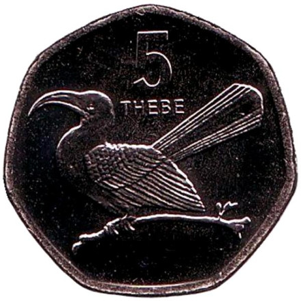 Монета 5 тхебе. 2013 год, Ботсвана. Птица-носорог.