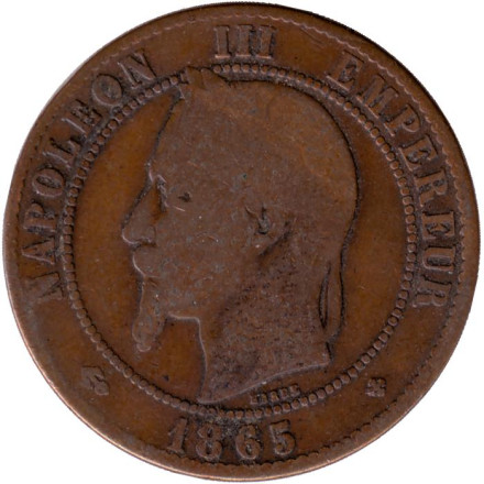 Монета 10 сантимов. 1865 год (BB), Франция.