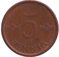 Монета 5 пенни. 1972 год, Финляндия.