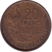 Монета 20 франков. 1953-В год, Франция. "G. Guiraud", 4 пера.