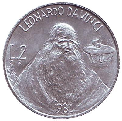 Монета 2 лиры. 1984 год, Сан-Марино. Леонардо да Винчи.