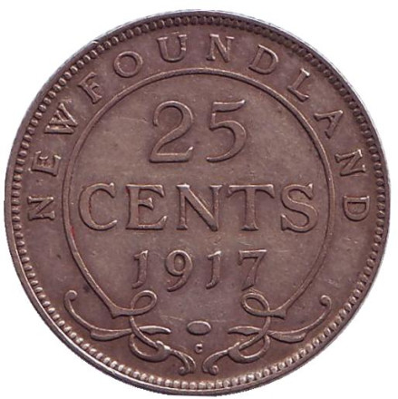 Монета 25 центов. 1917 год, Ньюфаундленд. (Канада).