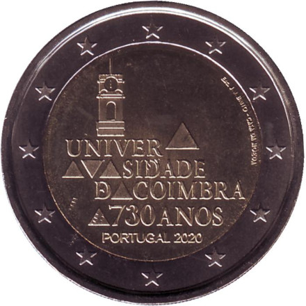 Монета 2 евро. 2020 год, Португалия. 730 лет университету Коимбры.