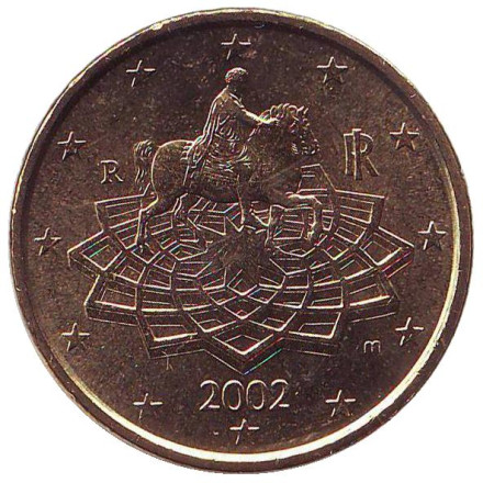Монета 50 центов, 2002 год, Италия.