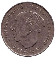 Монета 2 марки. 1974 год (J), ФРГ. Теодор Хойс. Монета 2 марки. 1974 год (J), ФРГ. Теодор Хойс.