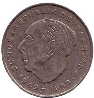 Теодор Хойс. Монета 2 марки. 1974 год (J), ФРГ.