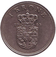 Монета 1 крона. 1965 год, Дания. Монета 1 крона. 1965 год, Дания.