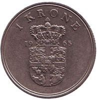 Монета 1 крона. 1965 год, Дания.