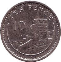 Мавританский замок. Монета 10 пенсов. 1991 год (AB), Гибралтар.
