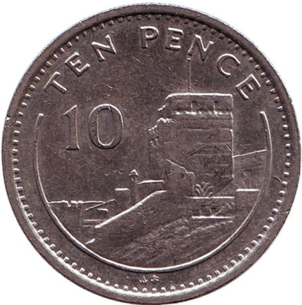 Монета 10 пенсов. 1991 год (AB), Гибралтар. Мавританский замок.