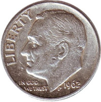 Рузвельт. Монета 10 центов. 1962 год, США. Монетный двор D.