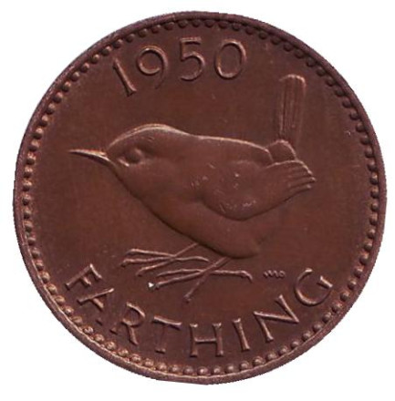 Монета 1 фартинг. 1950 год, Великобритания. Крапивник. (Птица).