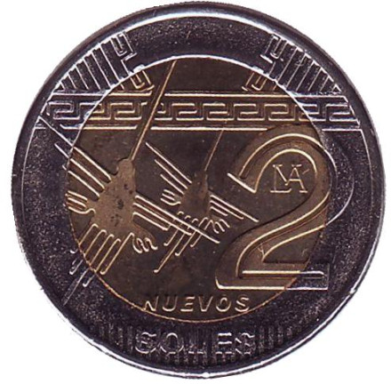 Монета 2 новых соля. 2010 год, Перу. Рисунки пустыни Наска. Колибри.