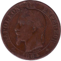 Наполеон III. Монета 5 сантимов. 1864 год (BB), Франция.